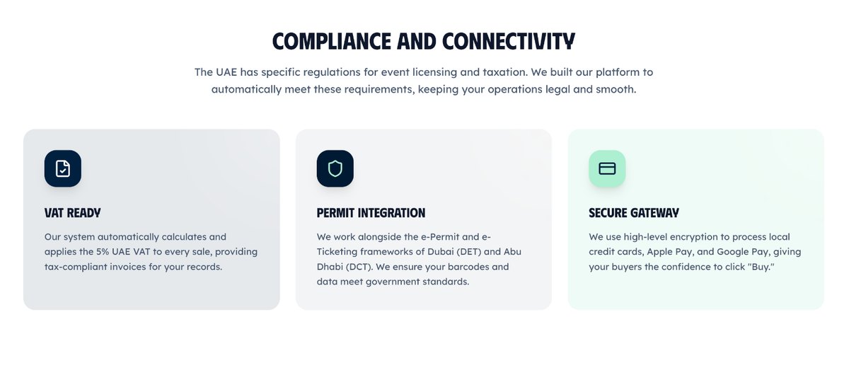 Someone’s Ticket UAE compliance features covering VAT, Dubai DET and Abu Dhabi DCT permit integration, and secure payments