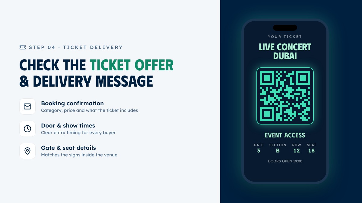 Digital concert ticket with QR code and delivery details