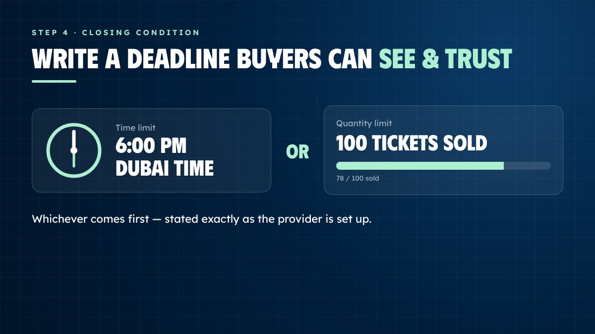 Early bird closing condition: 6 PM Dubai time or 100 tickets sold Early bird closing condition: 6 PM Dubai time or 100 tickets sold