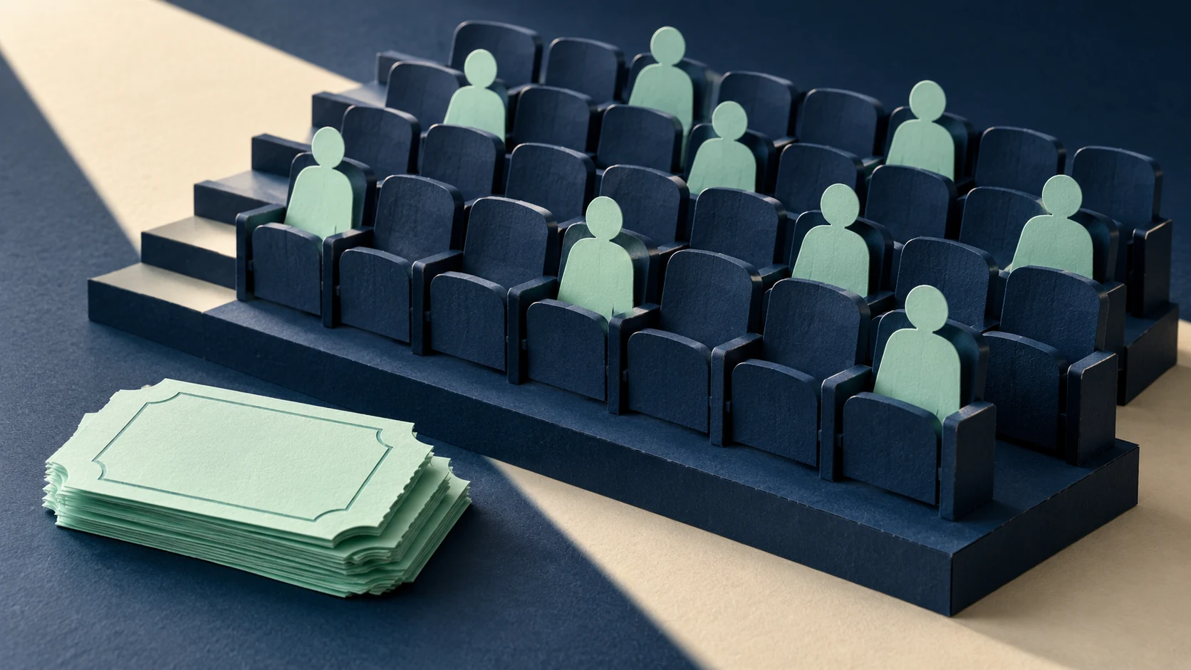 Ticket stack beside partly filled event seats showing tickets sold versus attendees
